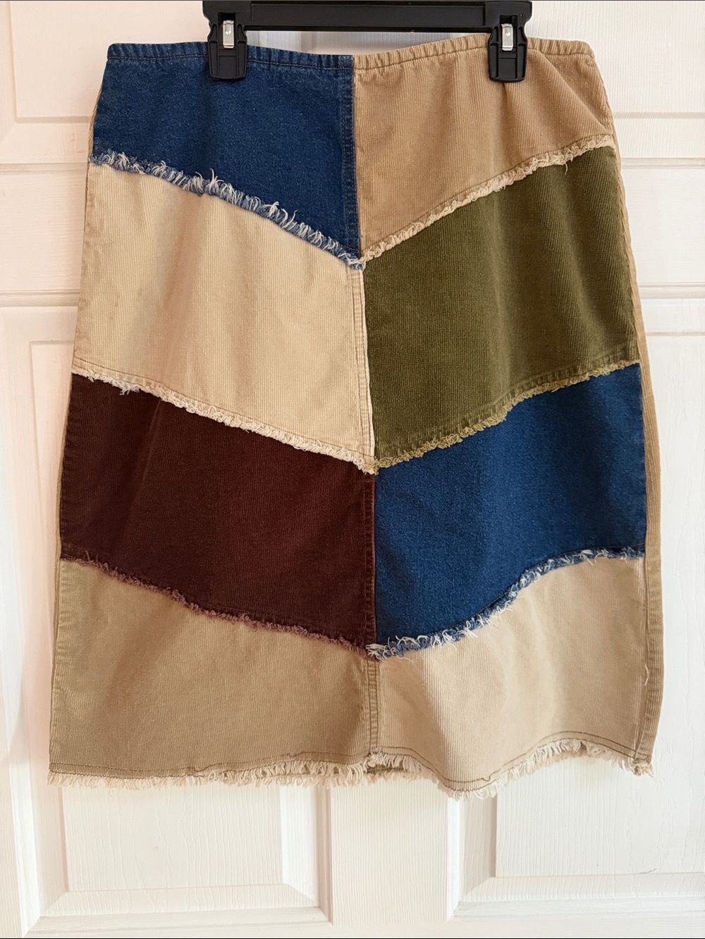 Vintage Y2K Patchwork A-Line Midi Skirt in Navy, Olive, Brown & Khaki